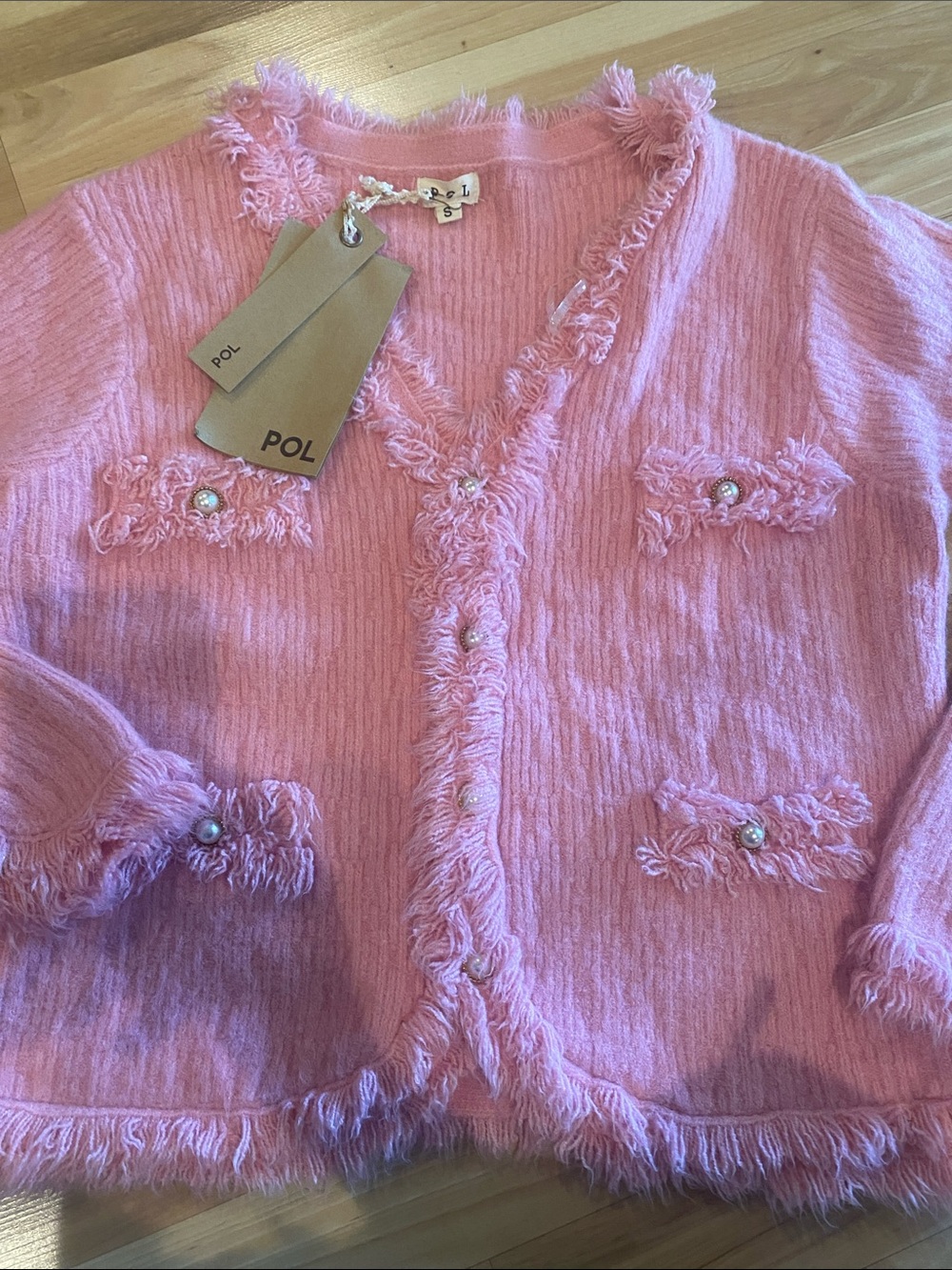 POL Pink Fringe Knit Cardigan with Pearl Buttons